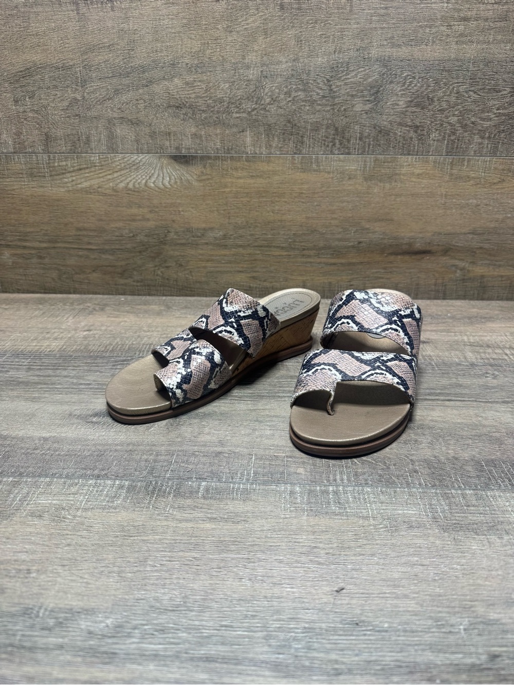 Wedge Slide Sandals with Taupe Snake-Print Straps